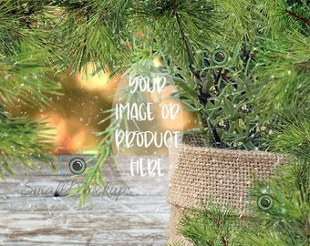 Christmas Mockup Background, Ornament Branches Backdrop, Winter Mockup, Christmas Tree Rustic Table Photo, Graphic Design Product Display