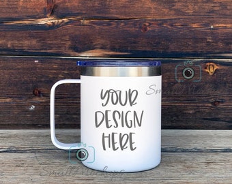 Rustic Travel Mug with Lid Mockup, Stainless Steel Mug MOCKUP PHOTO, White Coated Insulated Coffee Mug with Handle, 15oz Sublimation Mug