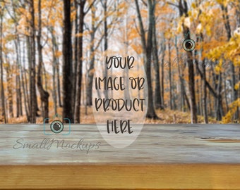 Fall Mockup Background, Autumn Trees Blank Outdoors Rustic Table Photo, Coffee Mug Shelf Background, Graphic Design Mockup, Product Display