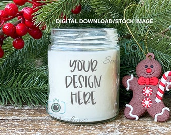 Candle Mockup, Christmas Mockup, Mason Jar Candle Mockup, Candle Clear Label Mockup With Christmas Berries, Winter Mockup, Product Mockup