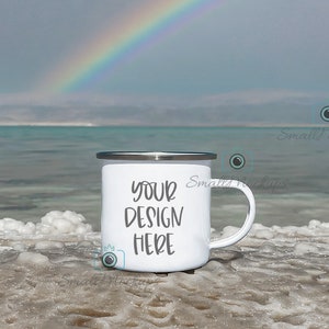 Enamel Mug Mockup, Rainbow Camping Mug Mockup, Beach Outdoors Background, Sea White Campfire Cup, Ocean View Camp Cup, Coffee Cup Mockup