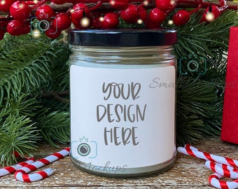 Christmas Candle Mockup, Candle White Label Mockup With Berries, Mason Jar Candle Mockup, Winter Mockup, Christmas Mockup, Product Mockup