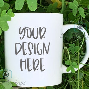 Shamrock Garden Mug Mockup, St. Patrick's Day Cup Mockup, Pasture Mug Mockup STOCK PHOTO, Country Mockup, Countryside Coffee Cup Mockup,