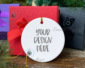 Ceramic Ornament Mockup, White Round Christmas Ornament Mockup, Blank Ornament Graphic Design Mockup, Transparent Gold Ribbon Photo Stock