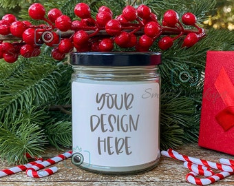 Candle Mockup, Candle White Label Mockup With Christmas Berries, Mason Jar Candle Mockup, Winter Mockup, Christmas Mockup, Product Mockup