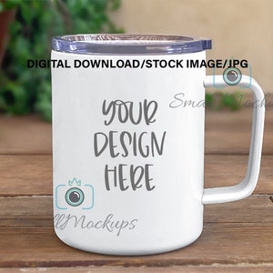Insulated Coffee Mug with Handle Photo Mockup, 10oz Travel Mug with Lid Mockup, Stainless Steel Mug MOCK UP, White Coated Sublimation Mug