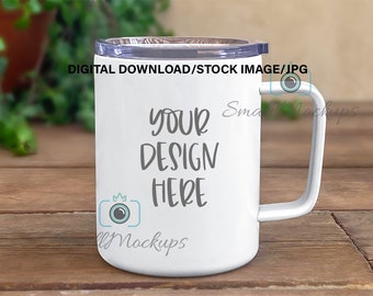 10oz reisbeker met deksel mockup, roestvrijstalen mok MOCKUP FOTO, wit gecoate geïsoleerde koffiemok met handvat, 10oz sublimatie mok