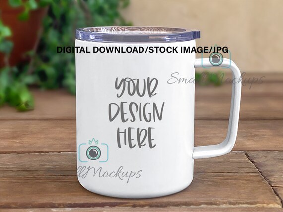 10oz Travel Mug with Lid Mockup, Stainless Steel Mug MOCKUP PHOTO, White  Coated Insulated Coffee Mug with Handle, 10oz Sublimation Mug