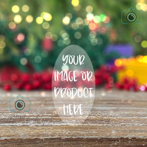 Christmas  Bokeh Mockup Background, Christmas Tree Lights Rustic Table Photo, Shelf Background, Graphic Design Mock Up, Product Display