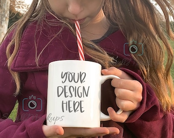 Hot Chocolate Mug Mockup, Little Girl White Mug Mockup, Winter Cocoa 11oz  Kids Mug Mockup, Cup Spring Mockup, Styled Stock Photography