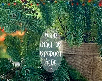 Christmas Mockup Background, Ornament Branches Backdrop, Digital Winter Mockup, Holiday Product Display, Christmas Tree Stock Photography