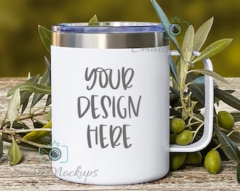 Travel Mug Mockup, Outdoors Stainless Steel Camp Mug with Lid MOCKUP PHOTO, White Coated Insulated Coffee Mug with Handle, 15oz Tumbler Mug