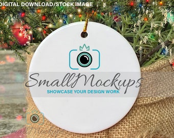 Ceramic Ornament Mockup, Round Christmas Ornament Mockup, Blank White Ornament Graphic Design Mockup, Transparent Gold Ribbon Photo Stock