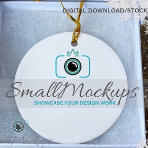 Ceramic Ornament Mockup In White Gift Box, Round Christmas Ornament Mockup, Blank Ornament Graphic Design Mockup, Ornament Gold Ribbon