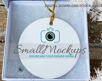 Ceramic Ornament Mockup In White Gift Box, Round Christmas Ornament Mockup, Blank Ornament Graphic Design Mockup, Ornament Gold Ribbon