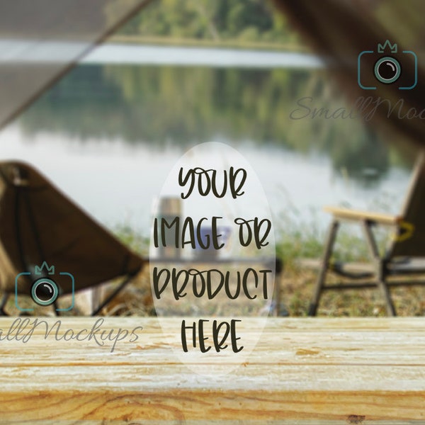 Outdoors Camping Product Background Blank Mockup, Blank Table Summer Lake View Product Mug Background, Styled Stock Photography, Camp Mockup