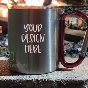 Download Stainless Steel Mug Mockup with Red Carabiner Handle ...
