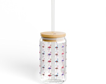 Flamingo Sipper Glass Tumbler 16oz - Bamboo Lid