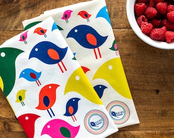 Bright Bird Tea Towel in White or Natural Flour Sack