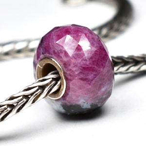Natural Ruby Zoisite faceted charm bead 14.6mm, full silver core, fits European charm bracelets