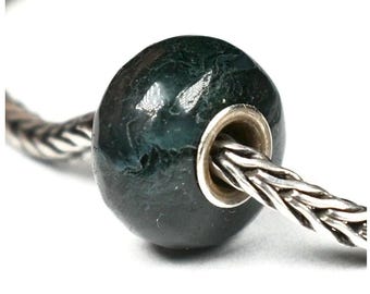 Natural Dark Moss Agate charm bead, 14.8mm, full silver core, for European Bracelets