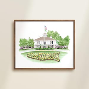 Lámina de casa club de golf - Acuarela de golf, Augusta, Georgia, Regalo para esposo, Día del Padre, Habitación infantil de golf