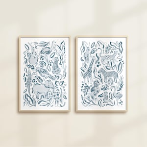 Safari Jungle 2 PRINTS SET, Modern nursery watercolor abstract wall art, baby room decor, zoo animals, elephant, zebra, tiger, neutral color