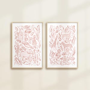 Safari Jungle 2 PRINTS SET, Modern nursery watercolor abstract wall art, baby room decor, zoo animals, elephant, zebra, tiger, neutral color