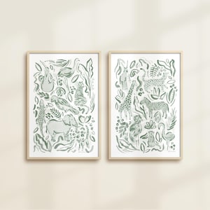 Safari Jungle Watercolor Sage Green DIGITAL DOWNLOAD | 2 Series Painting 20x30 16X20 11X14 Poster Gender Neutral Nursery Modern Abstract Art