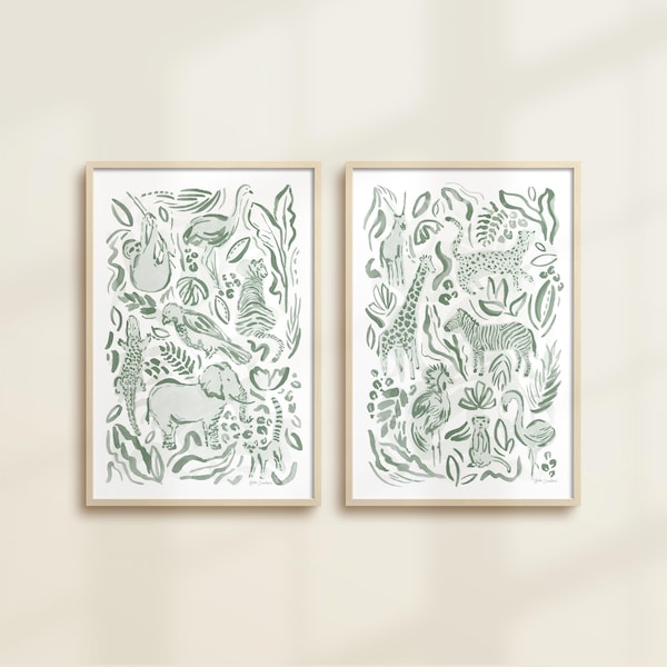 Safari Tiere Aquarell Druck Set | Kunst fürs Wohnzimmer, Kinderzimmer (Digitaler Download, 2 Dateien)