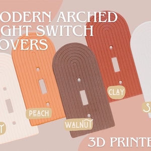 May include: Five 3D printed light switch covers in different colors: Oat, Peach, Walnut, Clay, and Snow. The covers are arched and have a modern design. 3D Printed.