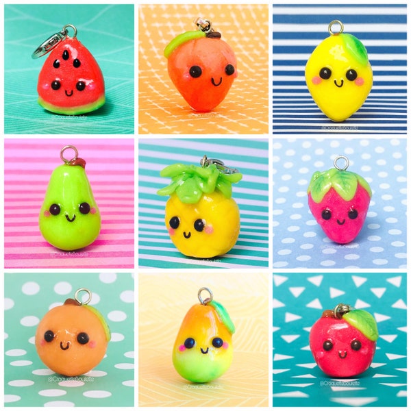 Keychain Fruit charms to hang in polymer clay: Pineapple - Apple - Pear - Watermelon - Orange - Lemon - Peach - Strawberry - mango. Fimo