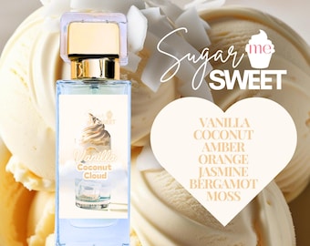 May include: A rectangular perfume bottle with a gold cap and a light blue body. The label reads "Vanilla Coconut Cloud" with an image of a sundae. The background features vanilla ice cream and coconut flakes. The words "Sugar me SWEET" are also visible.