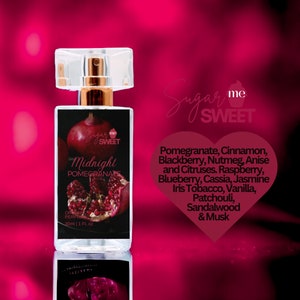 May include: A rectangular perfume bottle with a clear cap and gold-colored accents. The label features a pomegranate illustration and the words "Midnight Pomegranate." The bottle contains 30ml / 1 fl oz of perfume. The background is a gradient of pink and black.
