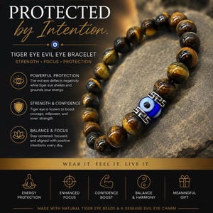 May include: A tiger eye bead bracelet featuring a central blue and white evil eye charm encased in silver-toned metal. The text on the image reads: ROOTED IN STRENGTH. PROTECTED by Intention. TIGER EYE EVIL EYE BRACELET. STRENGTH. FOCUS. PROTECTION.