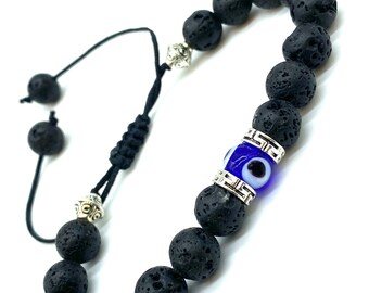 Natural Lava Rock Stone 8 mm Evil Eye   Beaded Bracelet  #2766