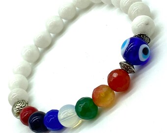 8 mm Natural multi-color Stretch Evil Eye Bracelet #2296