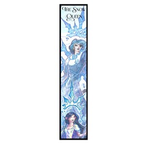 May include: A bookmark featuring a blue and white illustration of the Snow Queen from the fairy tale. The Snow Queen is depicted with a crown and a long, flowing gown. The bookmark also features a smaller illustration of a young girl with a crown and a wand.