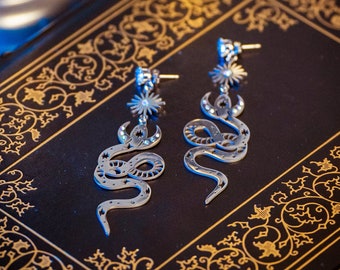 Moden Celestial Helios Moth Witch Snake Earrings Silver