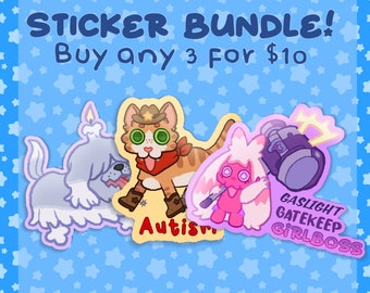May include: Three colourful stickers featuring cartoon characters. The first sticker is a light grey dog with a candle on its head. The second sticker is a yellow and orange cat wearing a red bandana and a cowboy hat. The third sticker is a pink rabbit holding a purple hammer with the text "Gaslight Gatekeep Girlboss".