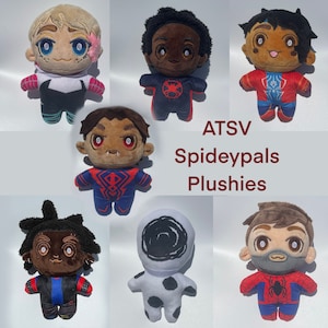 May include: A set of 10 plush toys featuring different characters from the Spider-Man universe. The plush toys are all in a sitting position and have a variety of colors and designs. The text "ATSV Spidey pals Plushies" is displayed in the center of the image.
