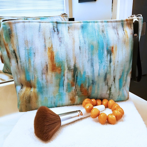 ZEN MOOD~Pretty Makeup Bag, Blue Cosmetic Kit, Blue Clutch Purse, Toiletries Kit, Craft CarryAll, Cute Gift for Women, Artsy Gift for Girls,