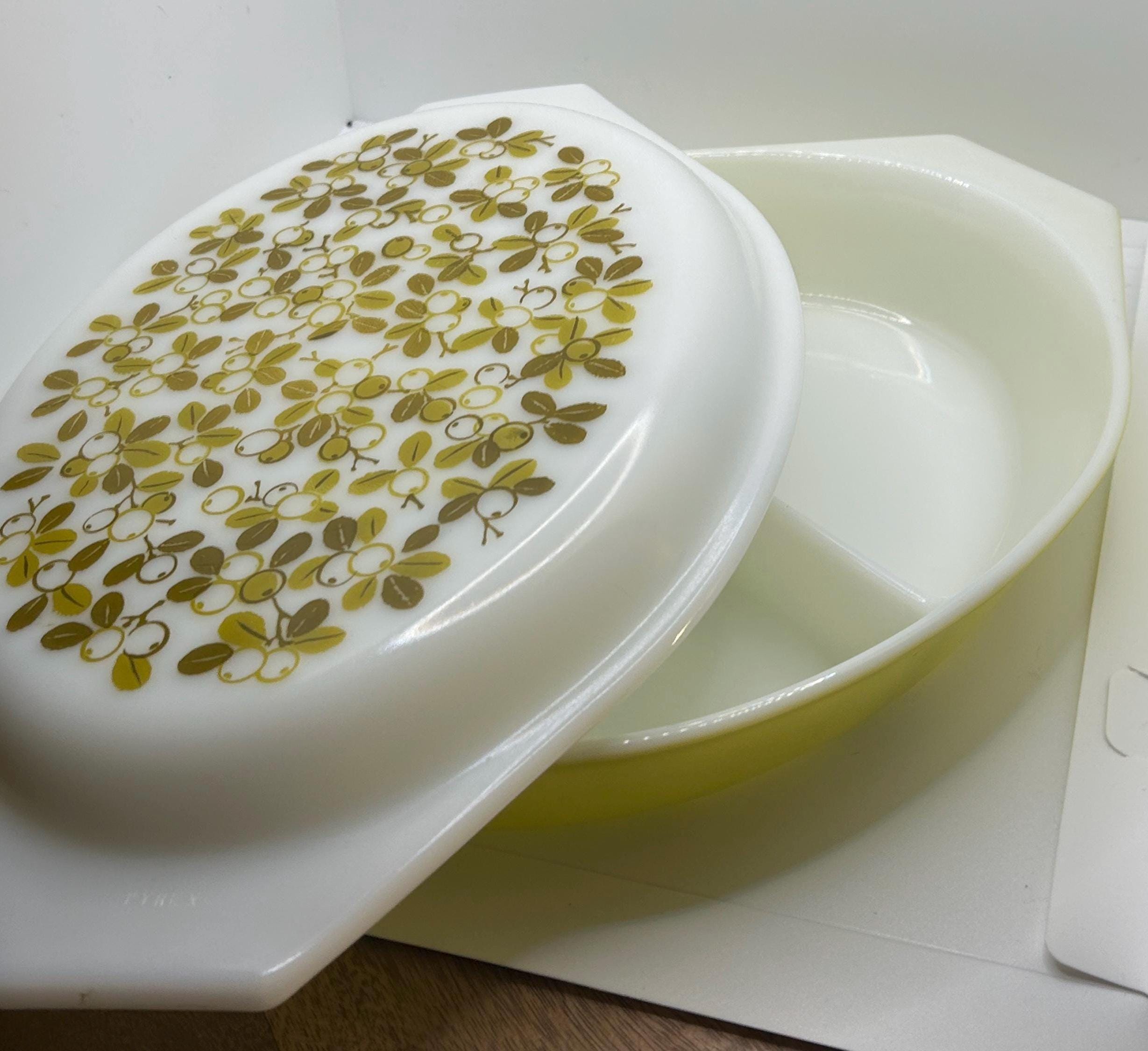 Vintage Pyrex Verde Olive Print Divided Casserole Dish with Lid