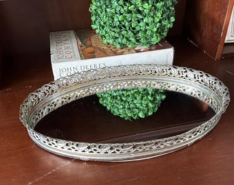 Vintage Oval Mirrored Tray: Gold Tone Filigree Vanity Tray (13.5”x8.5”)