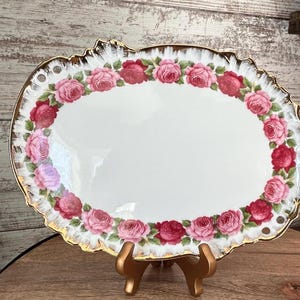 Vintage Oval Plate: Rose Pattern Gold Trim, Victorian Vanity Dish