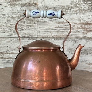 Antique Copper Tea Kettle Pot with white porcelain handle and lid lots of patina