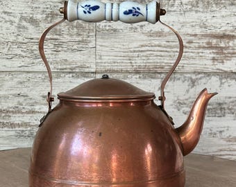 Antique Copper Tea Kettle Pot with white porcelain handle and lid lots of patina