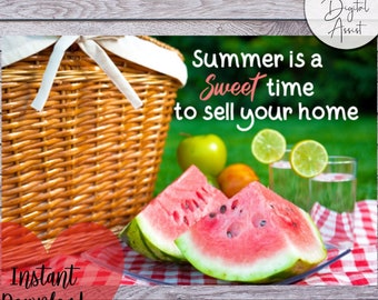 May include: A picnic basket with a red and white checkered tablecloth, watermelon slices, green apples, and limes. The text "Summer is a sweet time to sell your home" is written in pink on a green background.