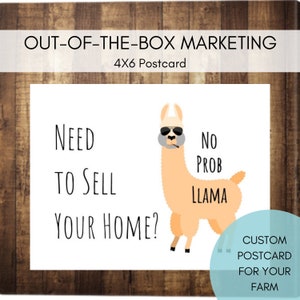 Real Estate Llama 4x6 Postcard Front Farm or FSBO Mailer Unique Llama Design |  Business Agent Broker Marketing Mailer PDF Sellers, Listings