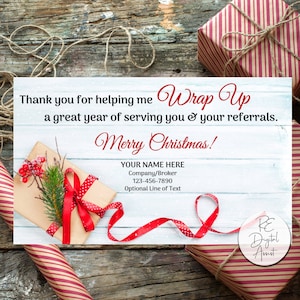 Kerstvakantie wrap-up onroerend goed afdrukbare verwijzing pop op tag, agent makelaar marketing inpakpapier klant cadeaukaart bedrijf